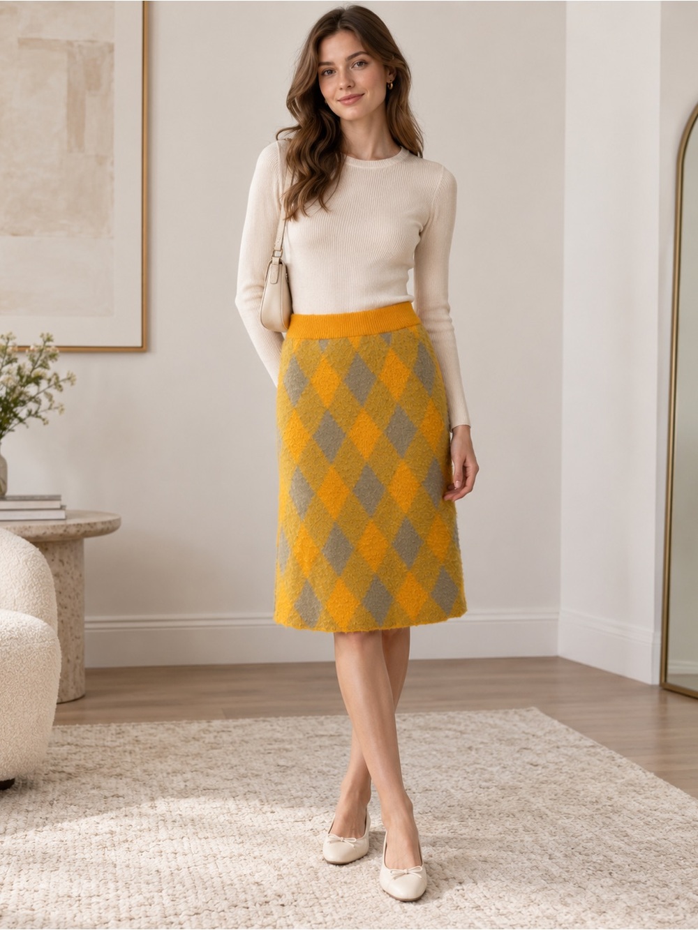 Burberry Yellow and Gray Argyle Knit Midi Skirt